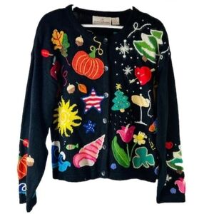 90s VINTAGE JANES CLOSET Festive Black  Cardigan with Colorful Embroidery/M